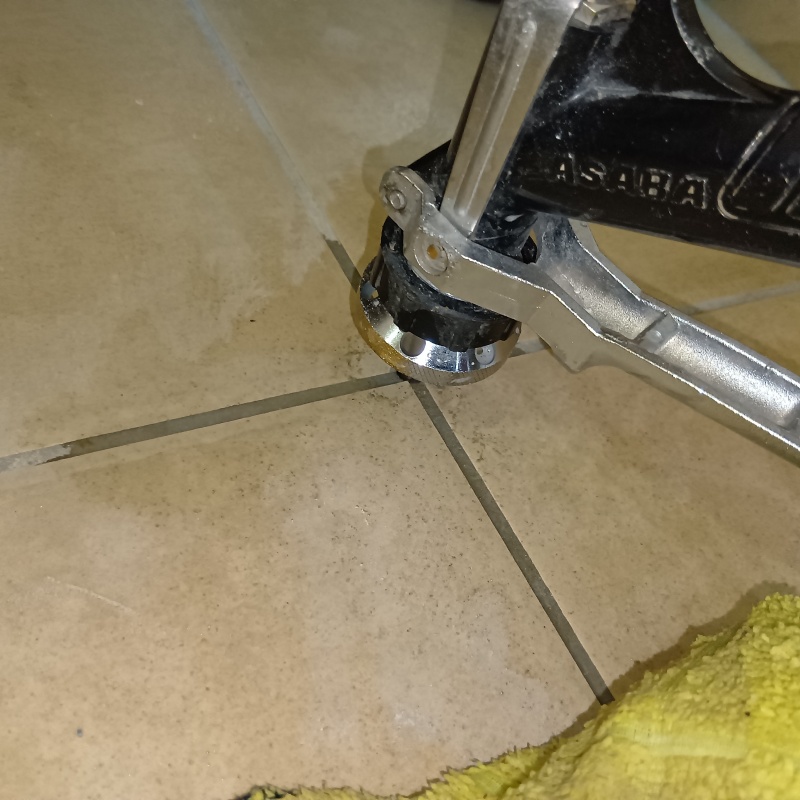 玄関床の目地に防蟻剤を注入している様子