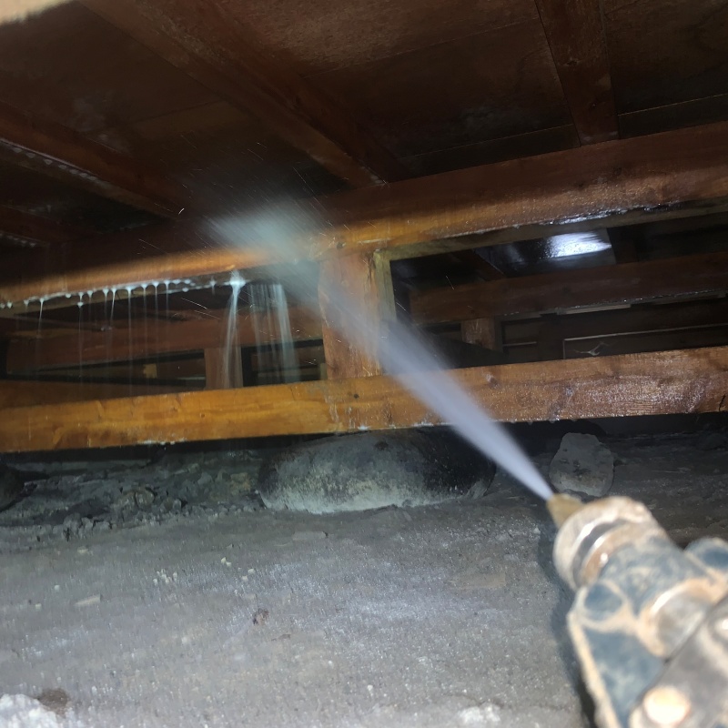 床下の木材にシロアリ駆除剤を吹き付けている様子
