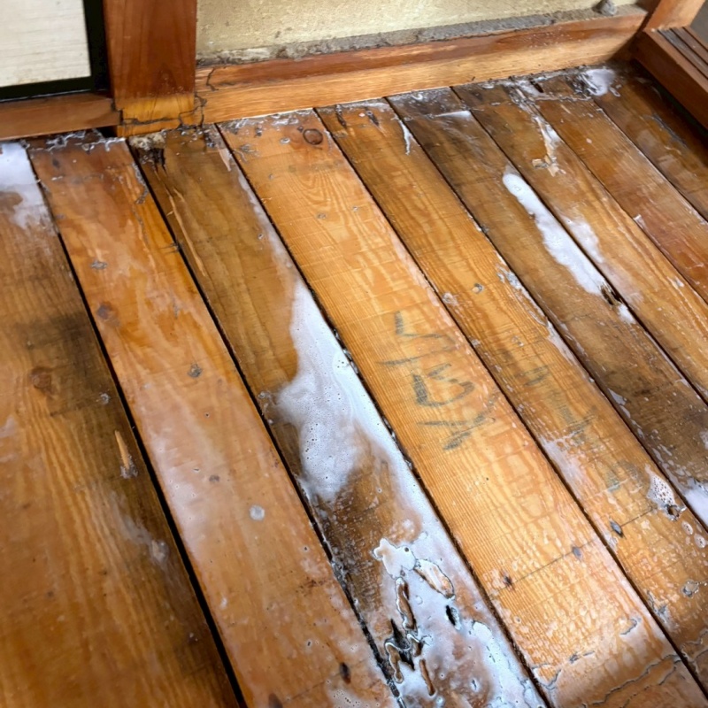 床板にシロアリ駆除剤を吹きつけている様子