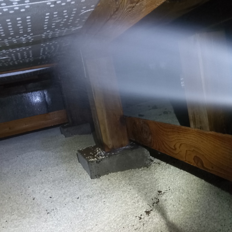 木の柱にシロアリ駆除剤を吹きつけている様子