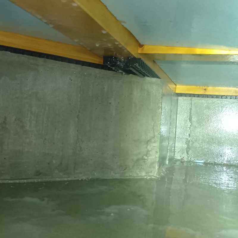 床下の基礎にまんべんなく防蟻剤を吹きつけた様子