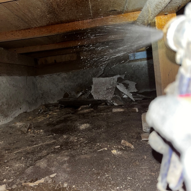 床下の木材にシロアリ駆除剤を散布