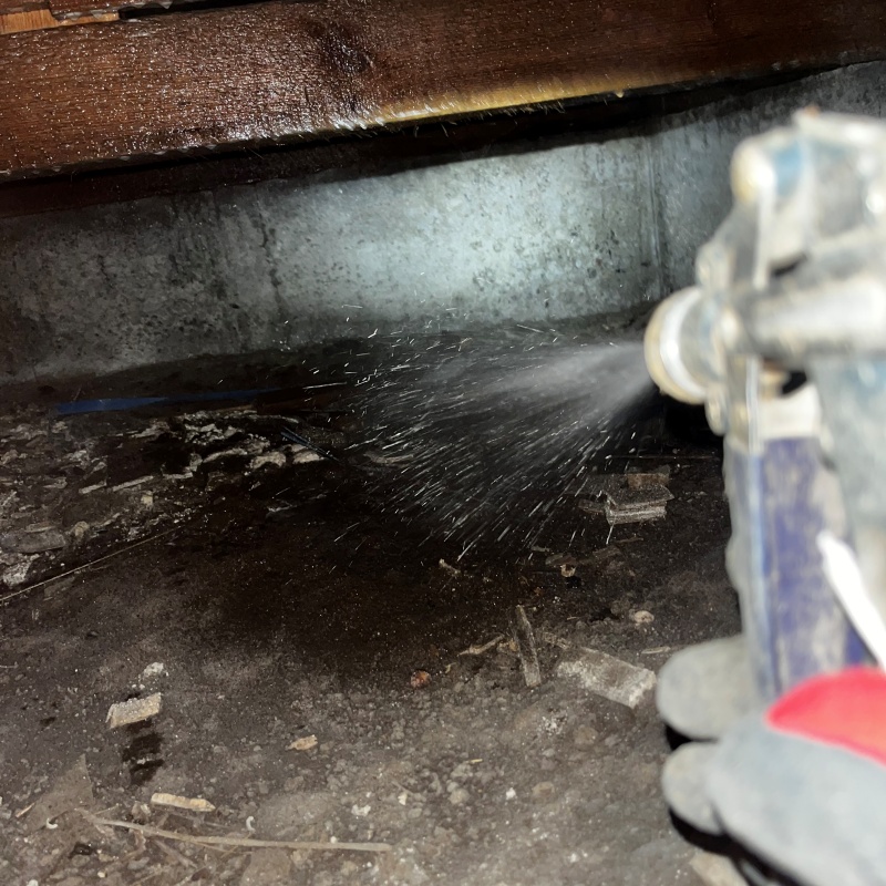 床下の土壌にシロアリ駆除剤を散布する様子