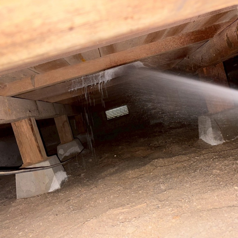 床下の木部にシロアリ駆除剤を散布