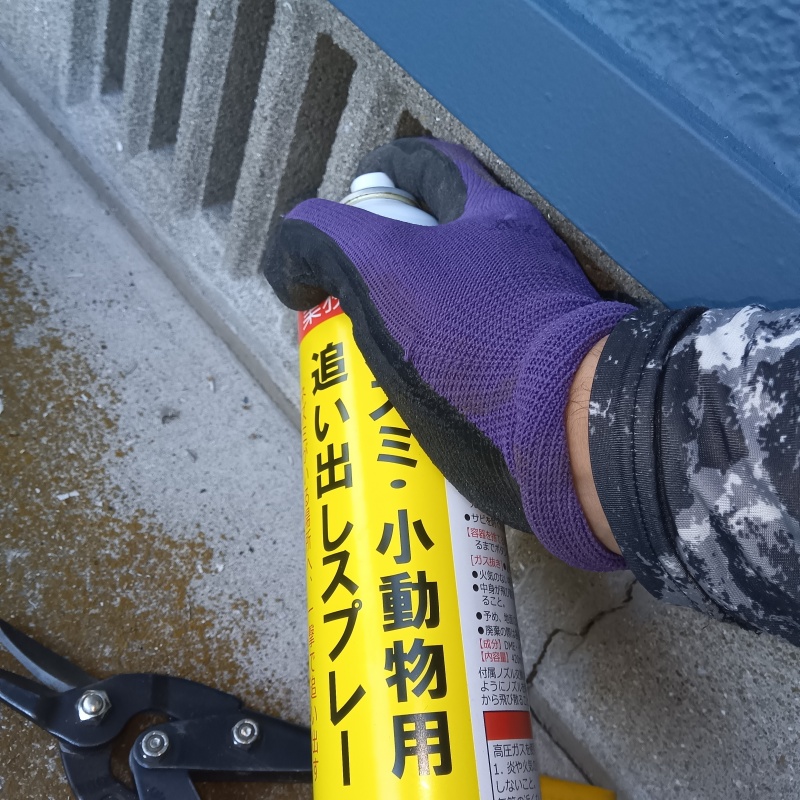 忌避剤を吹き付けている様子