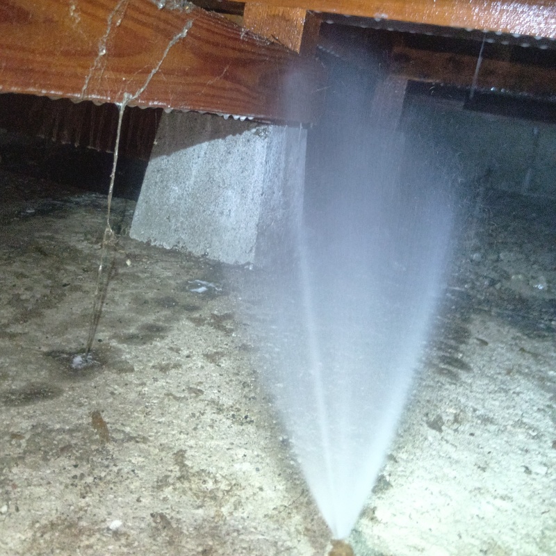 床下の土壌にシロアリ駆除剤を散布する様子