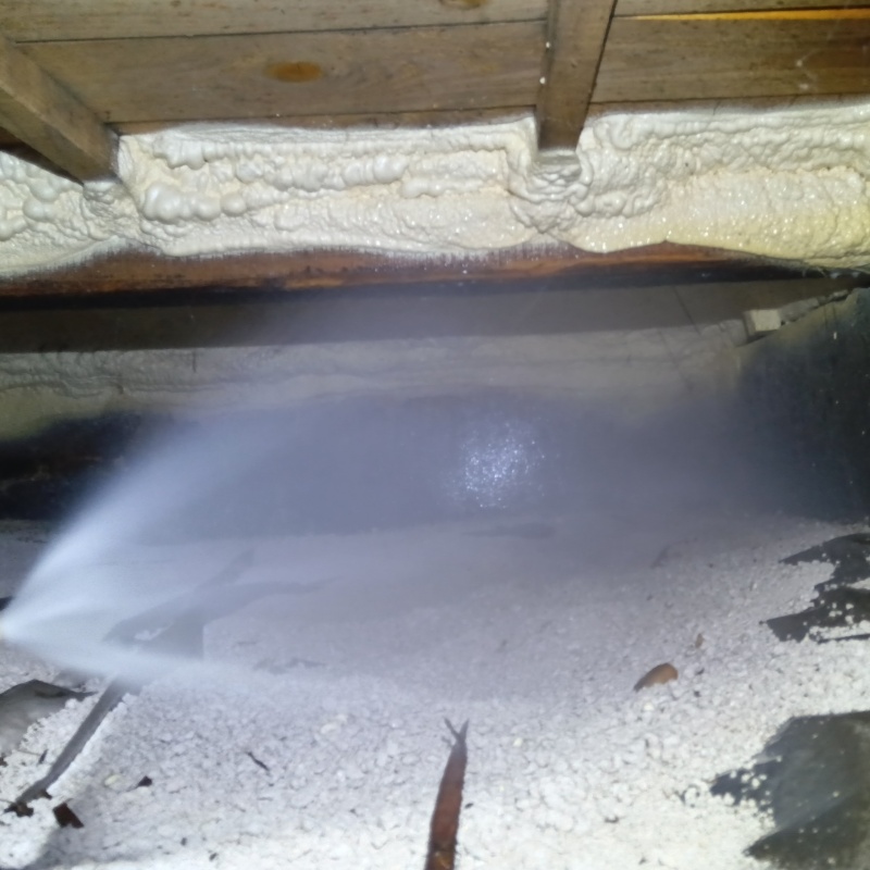 床下の土壌にシロアリ駆除剤を散布する様子