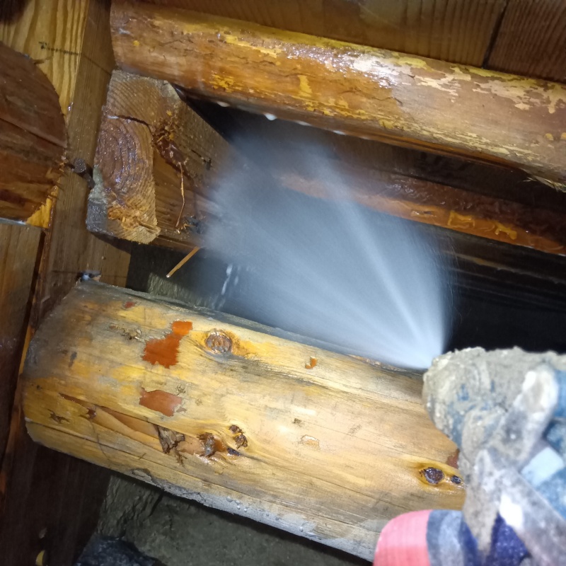 床下の木材にシロアリ駆除剤を散布する様子
