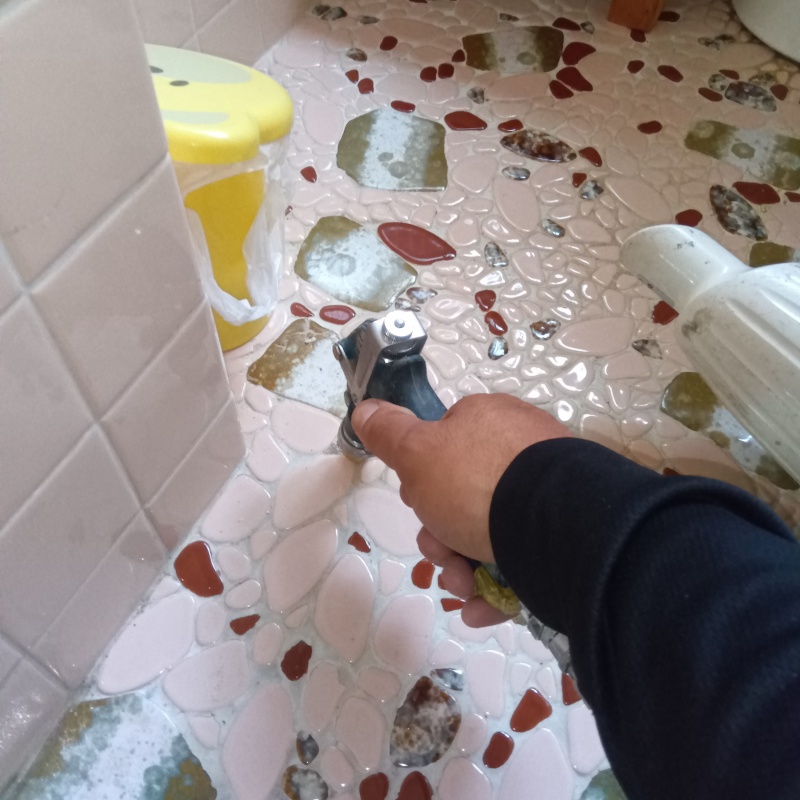トイレの床にシロアリ駆除剤を注入する様子