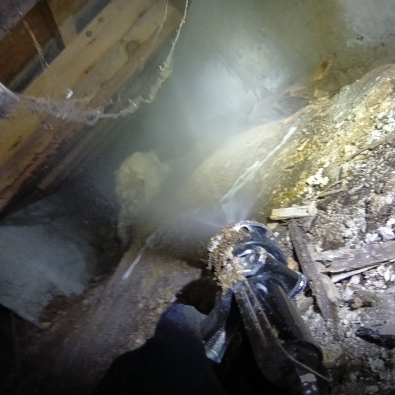 床下の土壌にシロアリ駆除剤を散布する様子