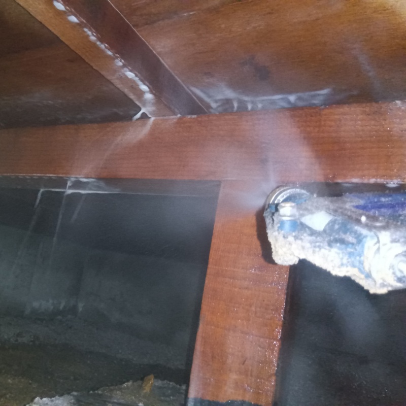 床下の木材にシロアリ駆除剤を散布する様子