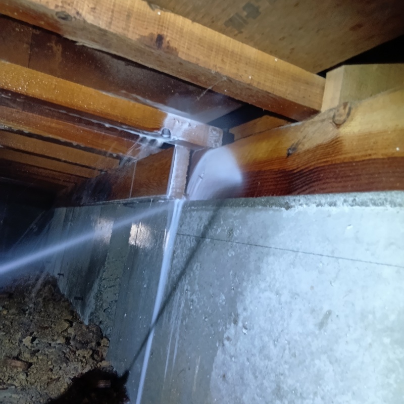 床下の木材にシロアリ駆除剤を散布する様子