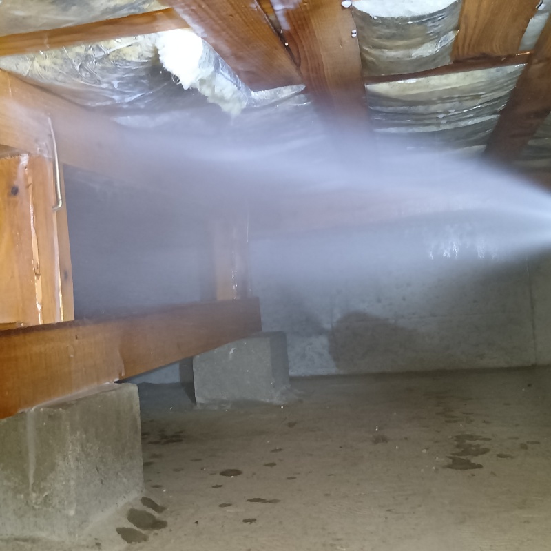 床下の木材にシロアリ駆除剤を散布する様子
