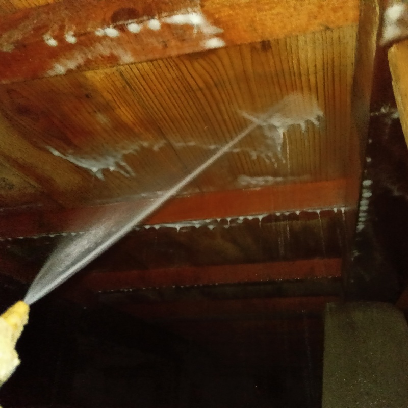 床下の木材にシロアリ駆除剤を散布する様子