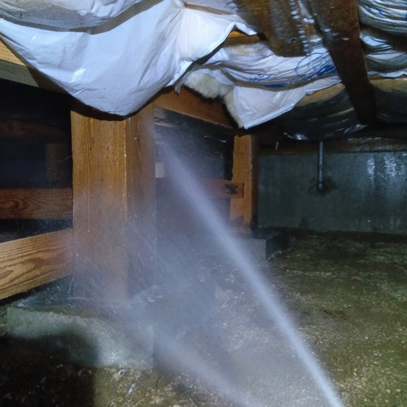 床下の木材にシロアリ駆除剤を散布する様子