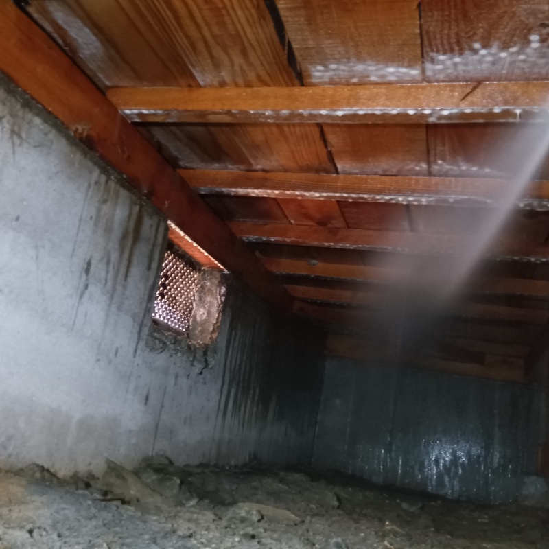 床下の基礎部分にシロアリ駆除剤を散布する様子