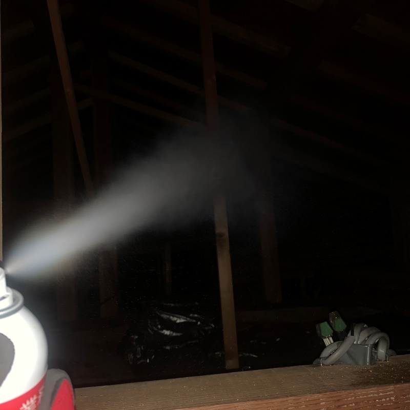 屋根裏に忌避剤を散布する様子