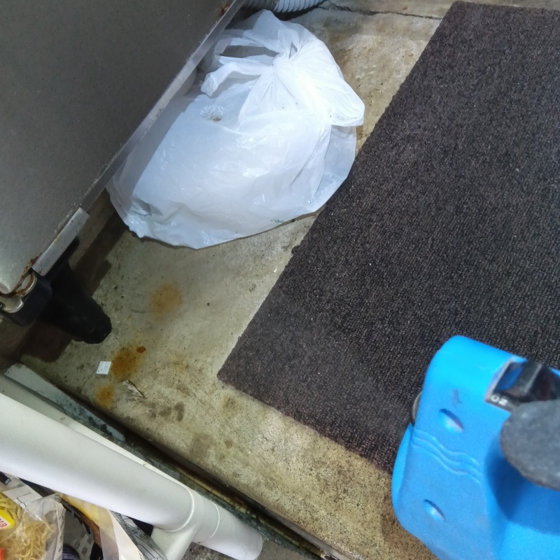 床に除菌・消臭剤を散布する様子