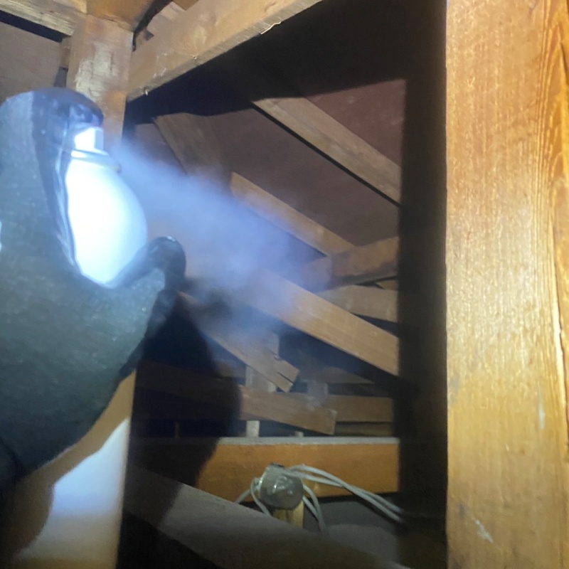 屋根裏に忌避剤を散布する様子
