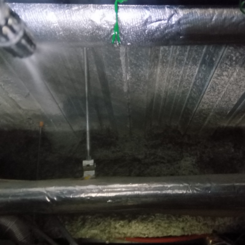 屋根裏に除菌・消臭剤を散布する様子