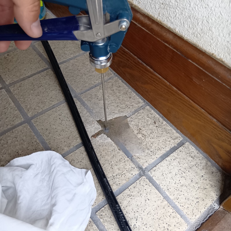 玄関の床にシロアリ駆除剤を注入する様子