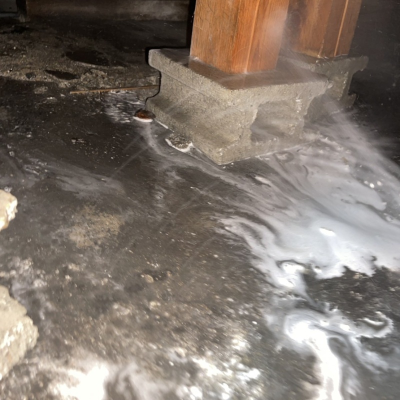 床下の土壌にシロアリ駆除剤を散布する様子