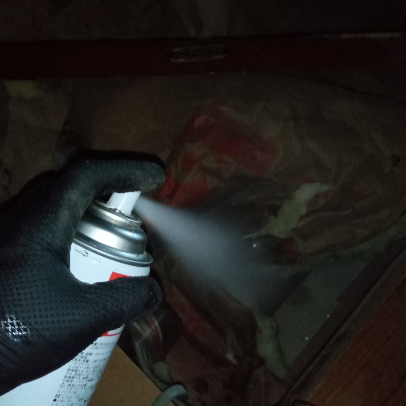 屋根裏に殺虫剤をスプレー