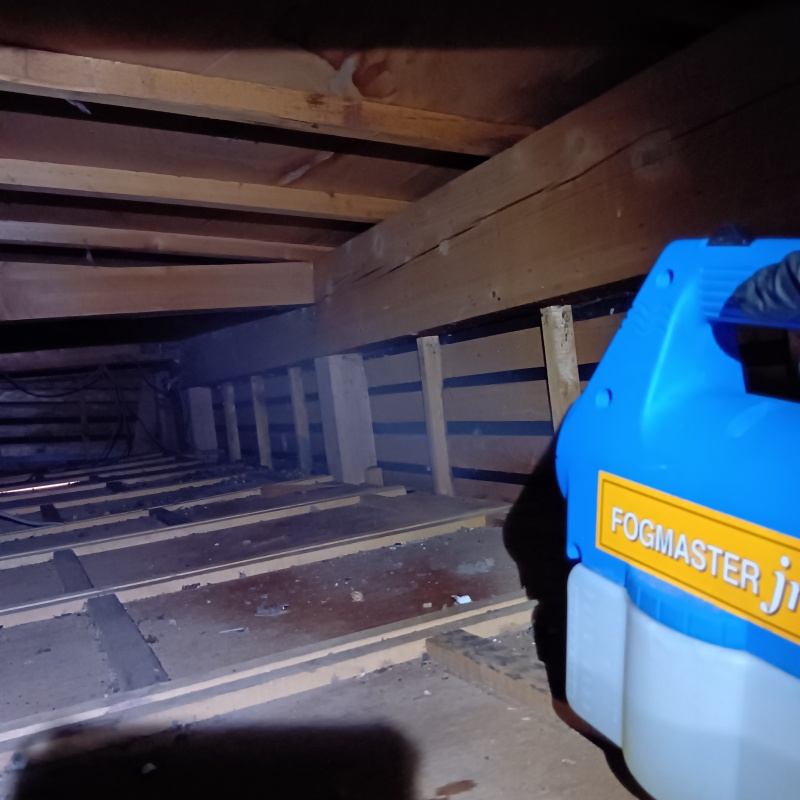 屋根裏に除菌剤を散布
