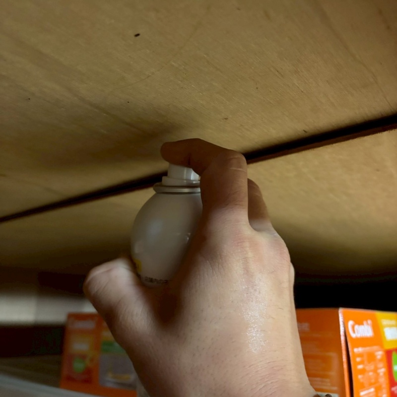 天井のすき間から忌避剤をスプレー