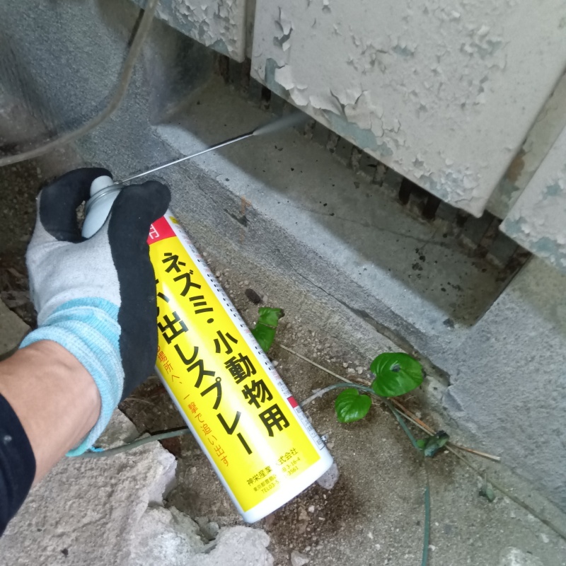床下換気口から忌避剤をスプレー