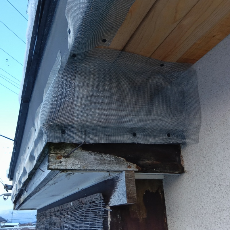 屋根の下に開いたすき間を金網で封鎖