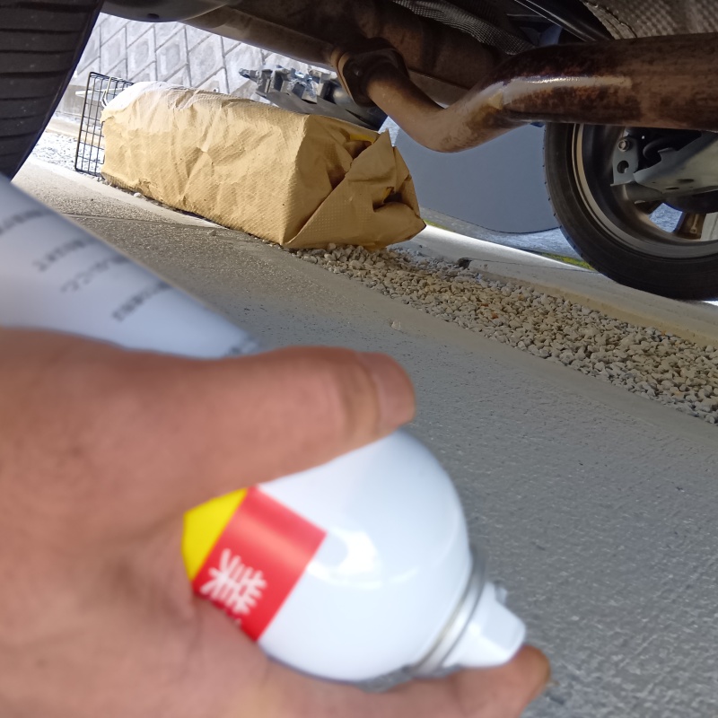 車の下から忌避剤をスプレー