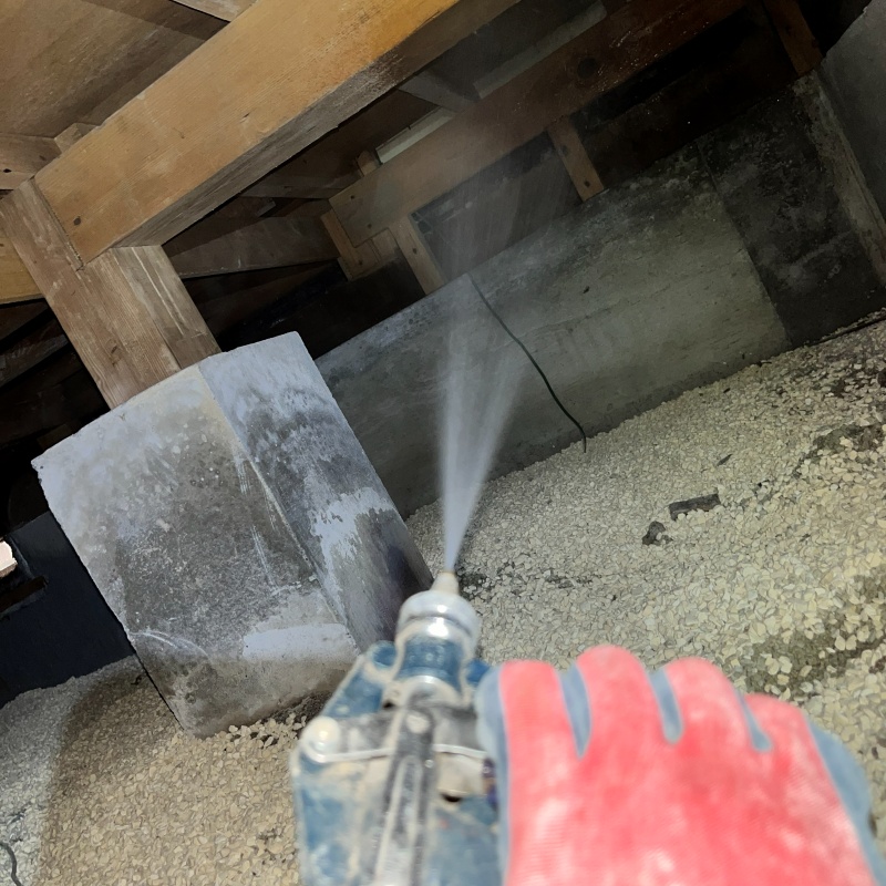 床下の木材にシロアリ駆除剤を散布