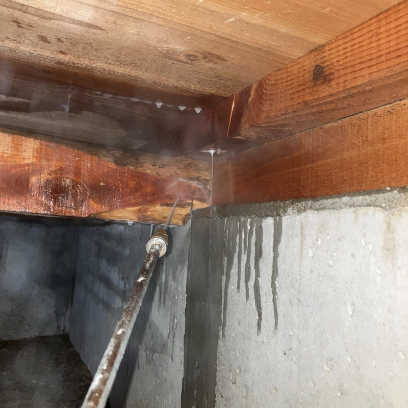 床下の木材にシロアリ駆除剤を散布する様子