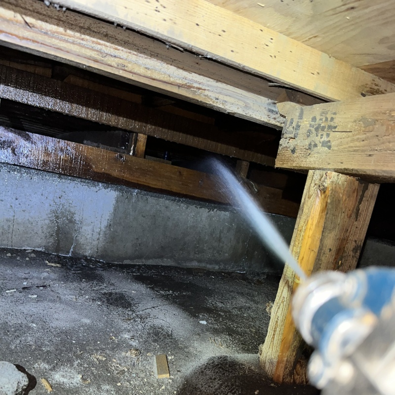 床下の木材にシロアリ駆除剤を散布