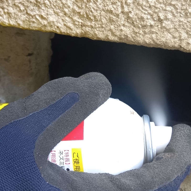 床下換気口から忌避剤をスプレー