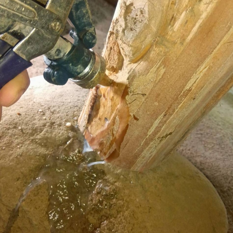 傷んだ柱にシロアリ駆除剤を注入