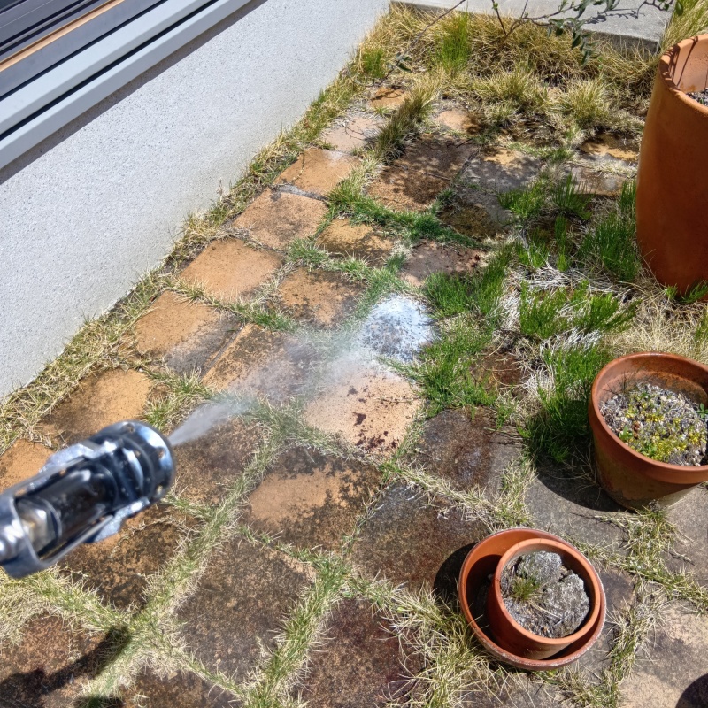 庭の地面にシロアリ駆除剤を散布