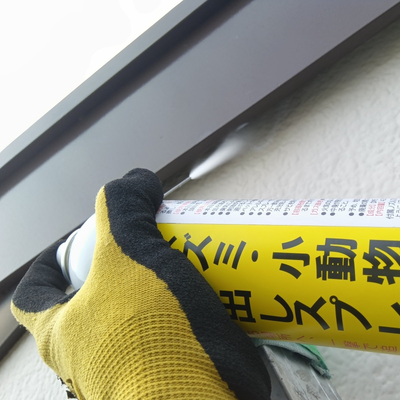 屋根のすき間に忌避剤をスプレー