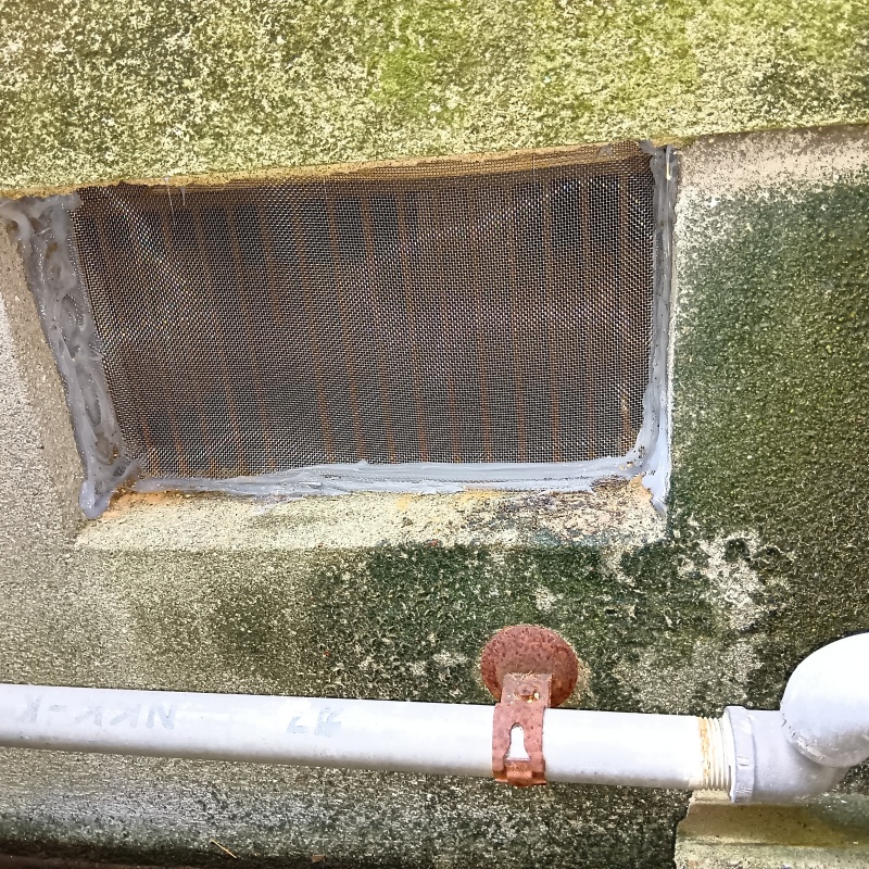 床下換気口をネットとパテで封鎖